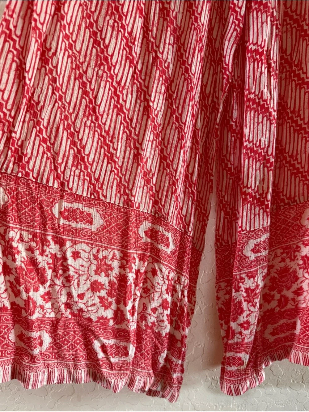 Free People, large, red & white boho-patterned strapless wide-leg jumpsuit